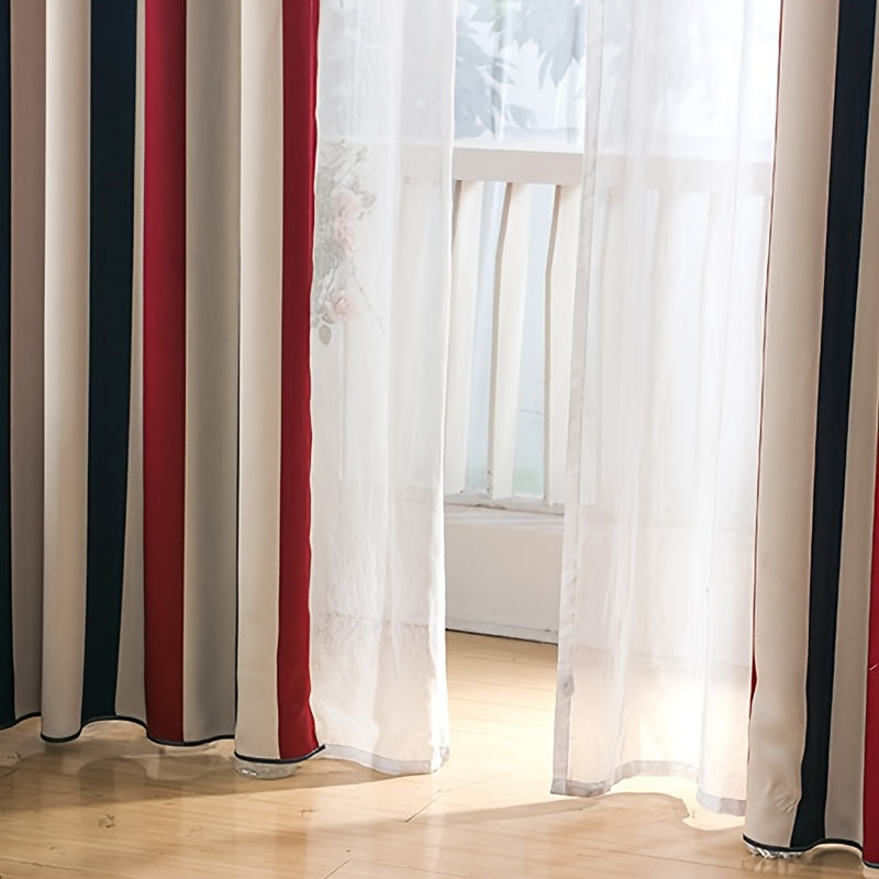 Rideau à rayures rouge bleu style méditerranéen en polyester (1 panneau)