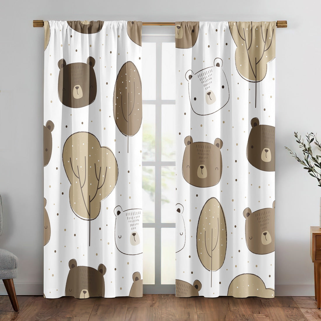 Rideau occultant enfant imprimé ours beige en polyester (2 panneaux)
