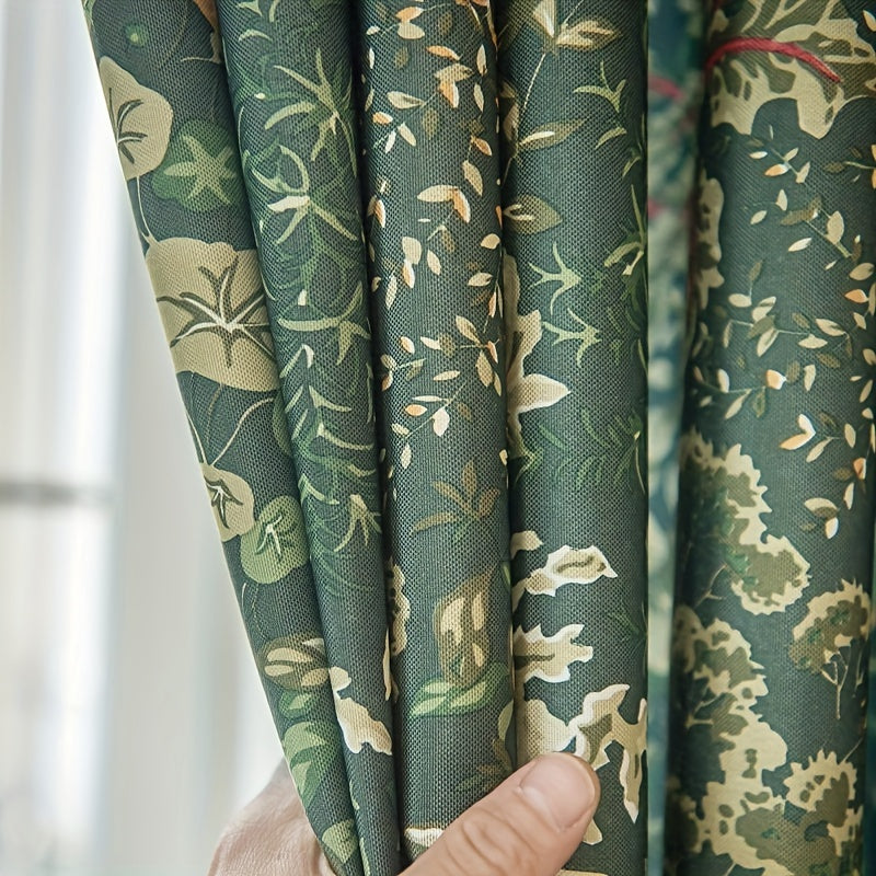 Rideaux occultants imprimé feuilles vert forêt en polyester (2 panneaux)