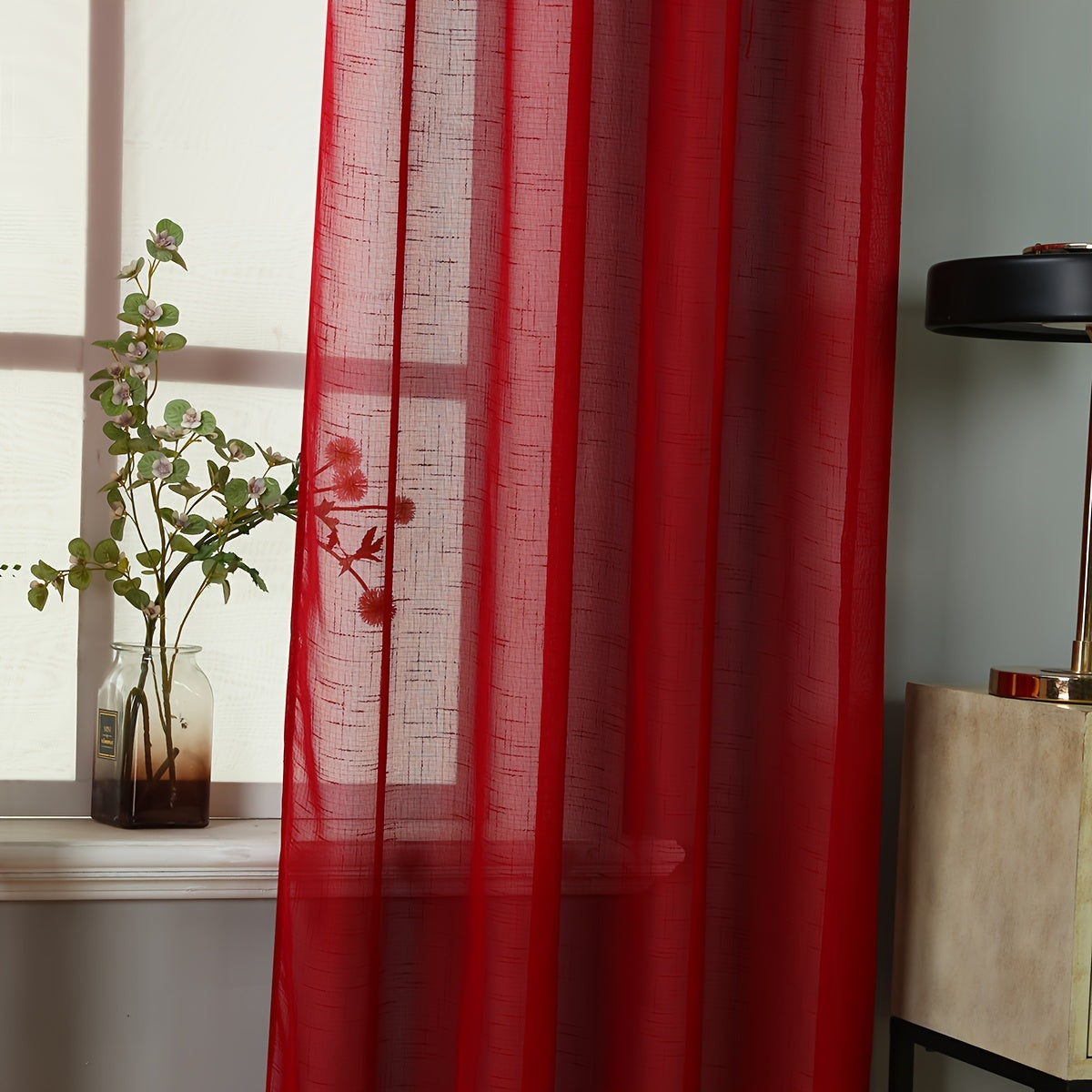 Rideaux voilage rouges tamisants en polyester pour salon et chambre (2 panneaux)