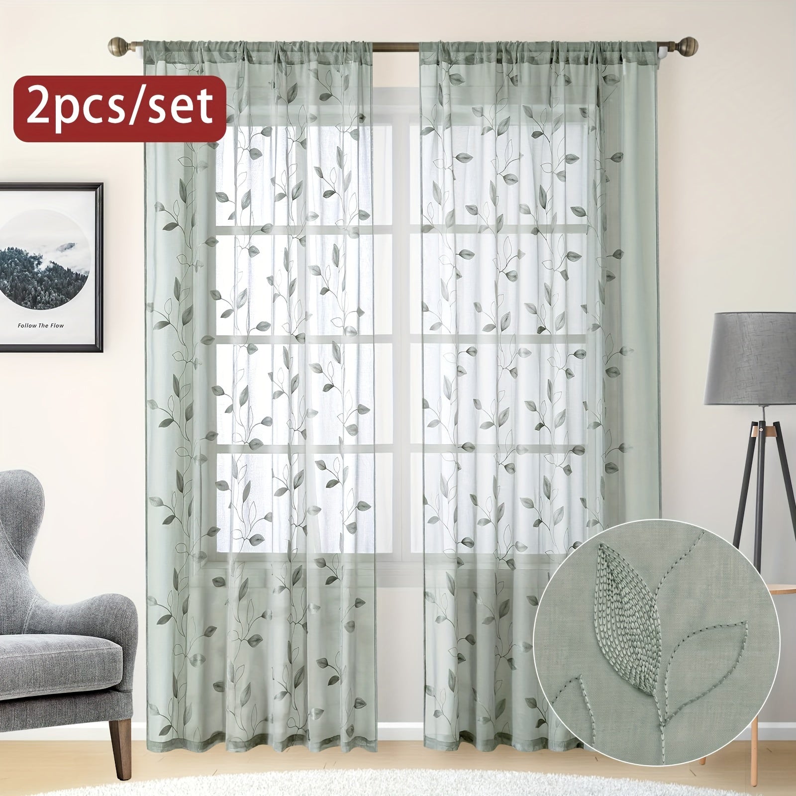 Rideaux voilage brodés motif feuilles style jardin pour salon et chambre (2 panneaux)