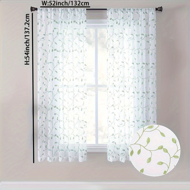 Rideau voilage brodé feuilles en polyester tamisant pour cuisine (1/2 panneaux)