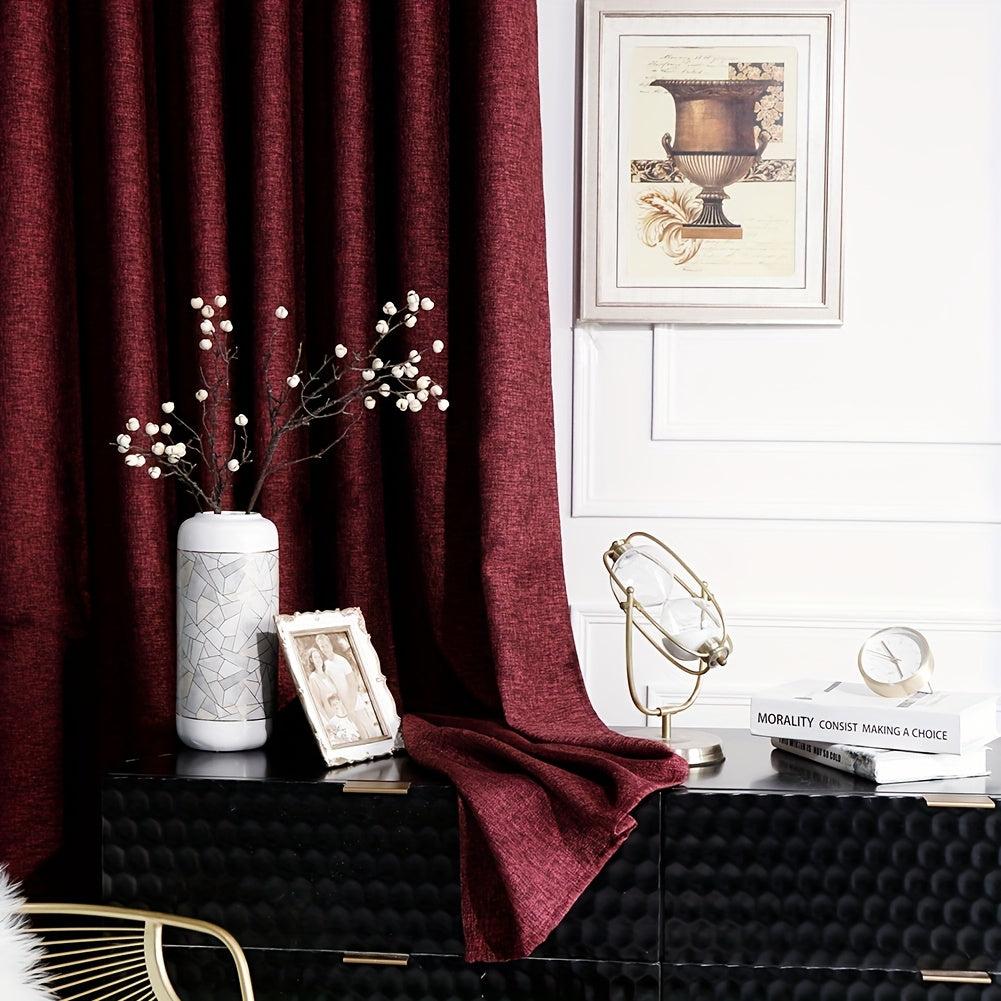 Rideaux rouge bordeaux effet lin à œillets en polyester (2 panneaux)