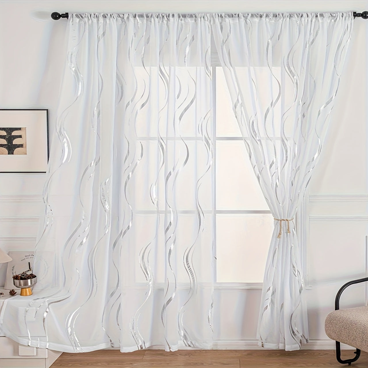 Rideau voile à motif vague doré semi-opaque pour salon et chambre (2 panneaux)