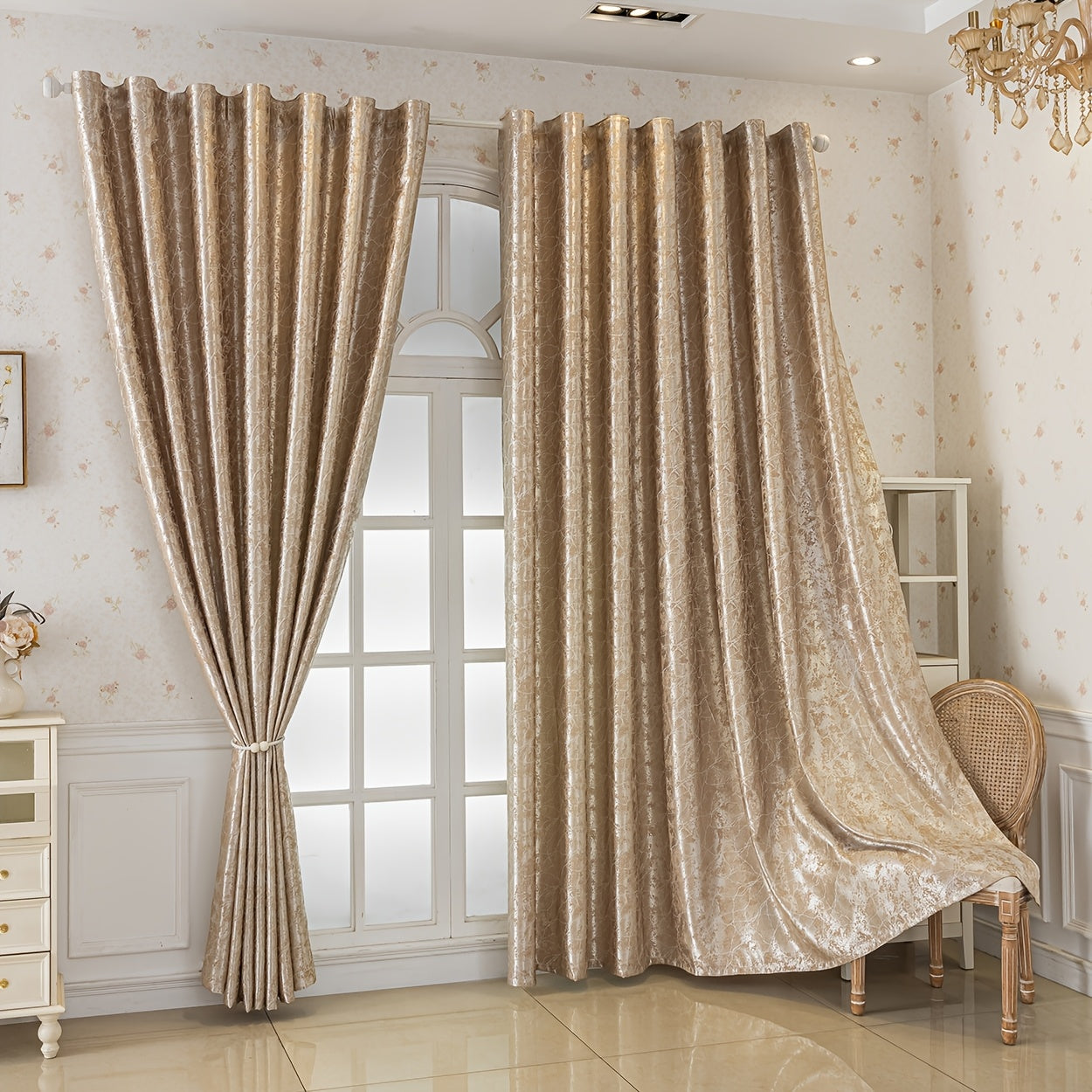 Rideau occultant jacquard doré motif feuilles pour chambre et salon