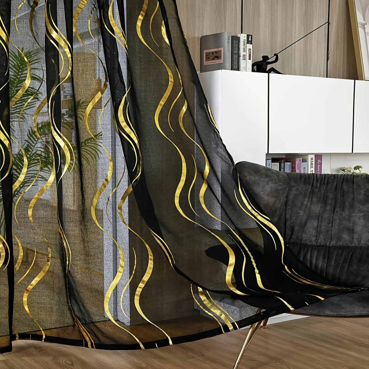 Rideau voile à motif vague doré semi-opaque pour salon et chambre (2 panneaux)