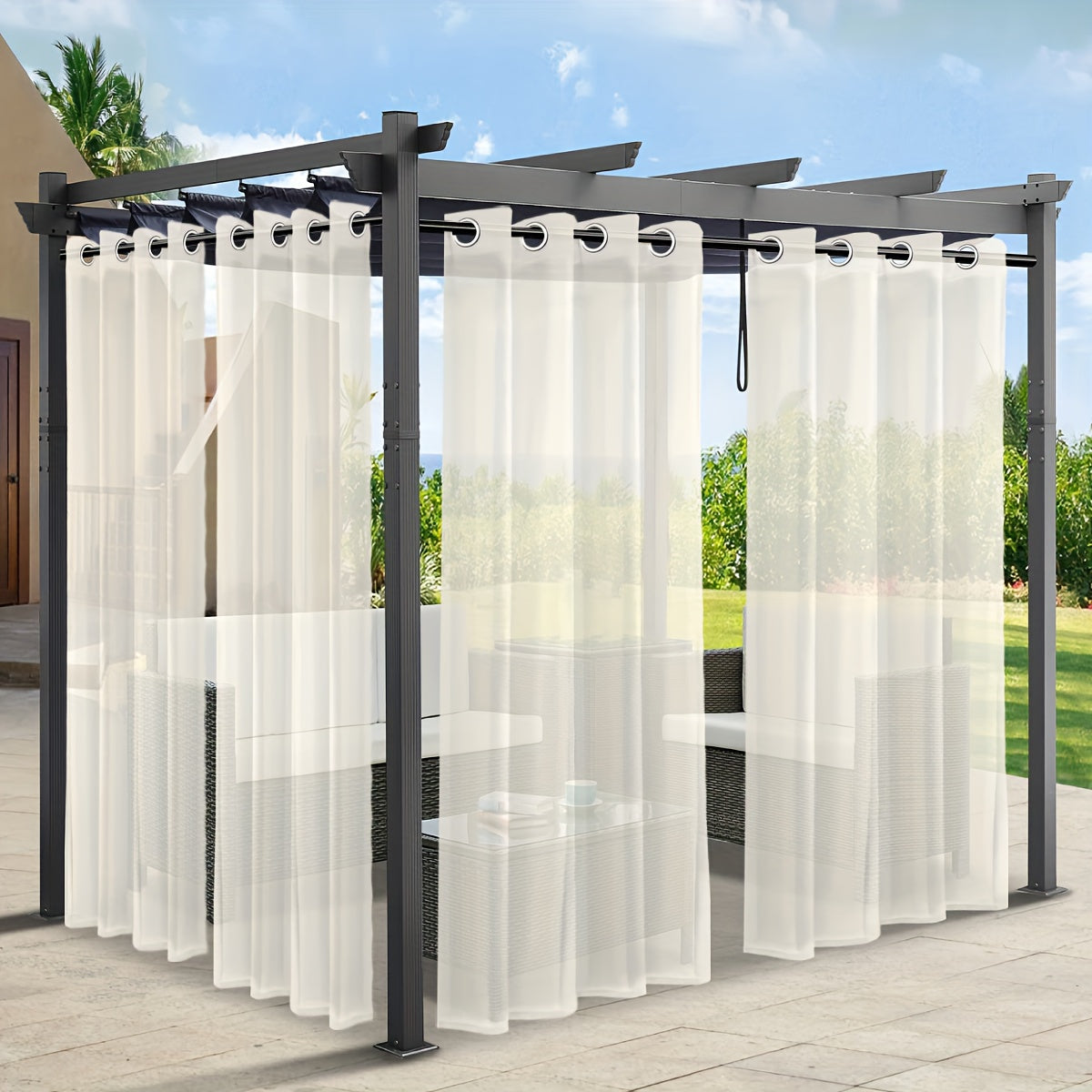 Rideaux voilage extérieur effet lin à œillets pour pergola (2 panneaux)