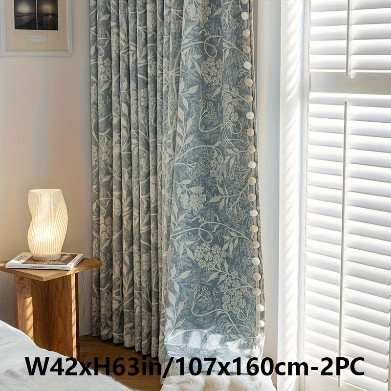 Rideau occultant jacquard chenille floral bleu style français (2 panneaux)