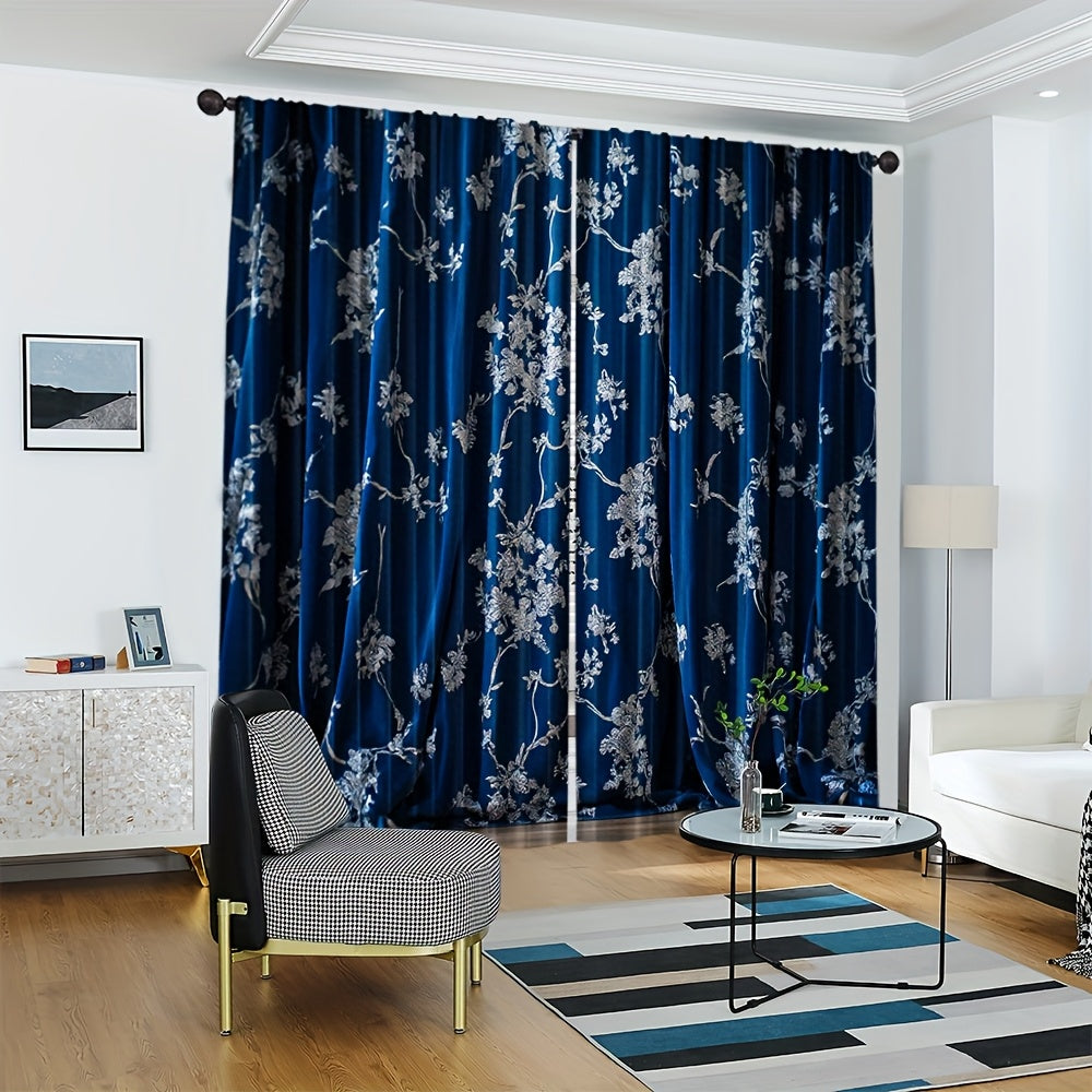 Rideaux tamisants bleu nuit à motifs floraux en polyester (2 panneaux)