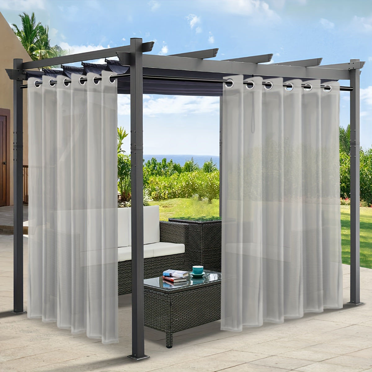 Rideaux voilage extérieur effet lin à œillets pour pergola (2 panneaux)