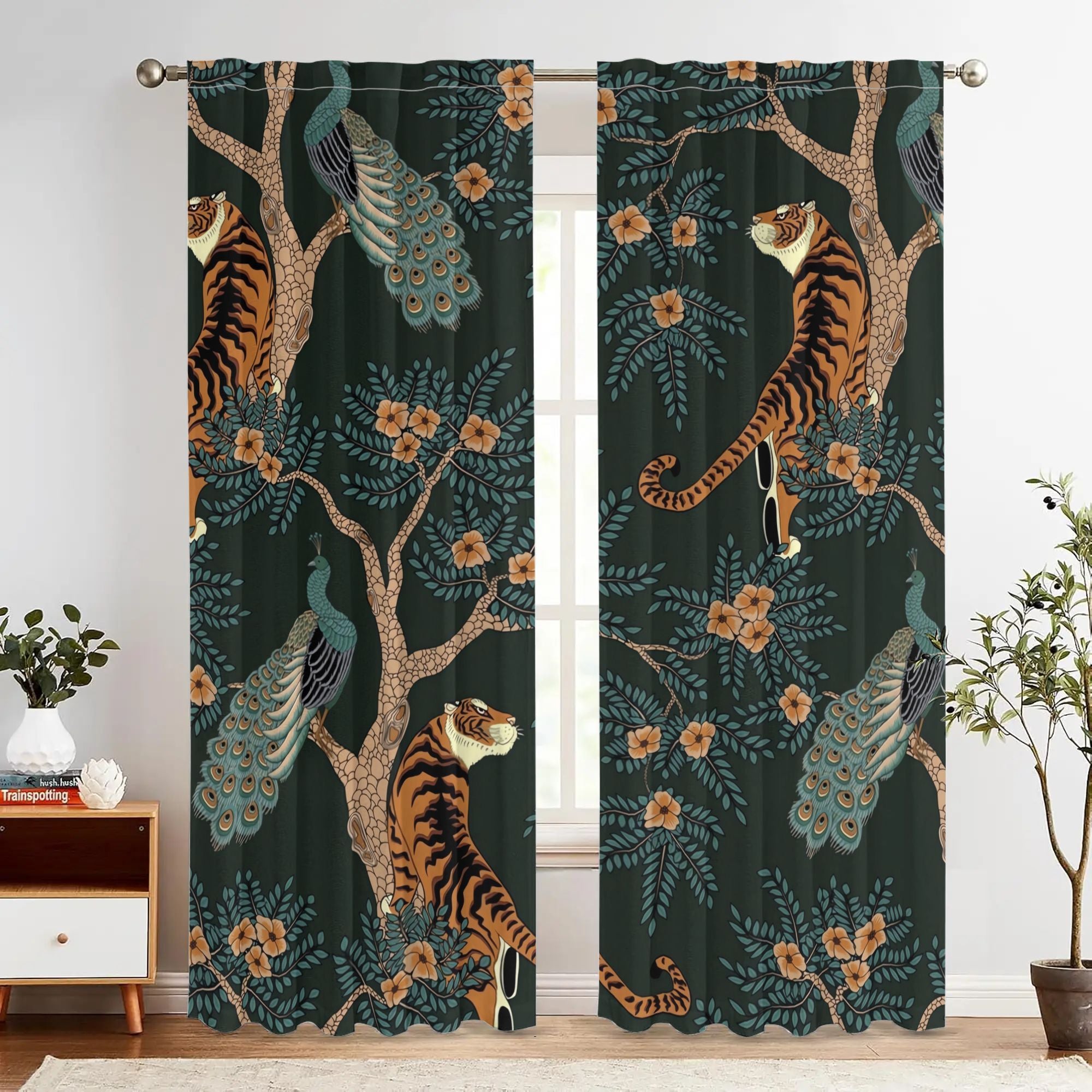 Rideaux occultants jungle vintage tigre et paon en polyester (2 panneaux)