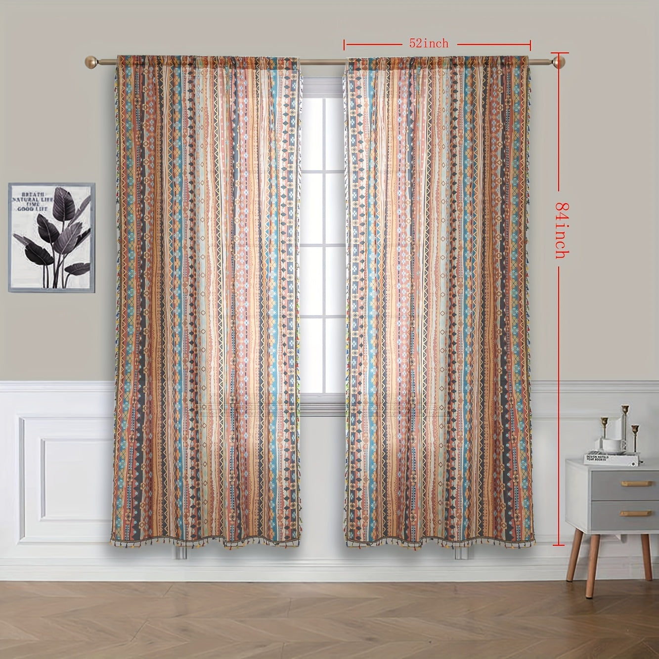 Rideau voilage bohème à rayures multicolores avec pompons (2 panneaux)