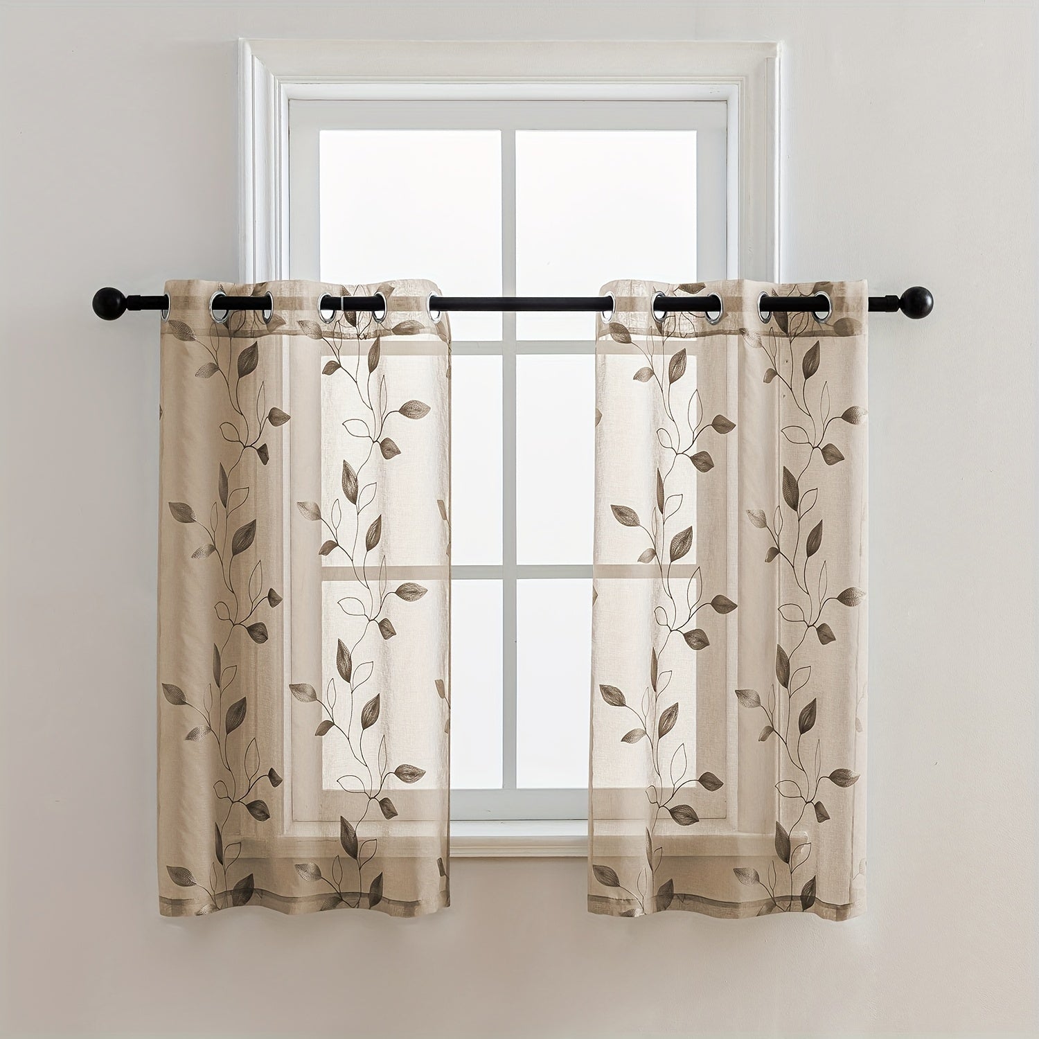 Rideaux voilage brodés motif feuilles avec œillets pour salon et chambre (2 panneaux)