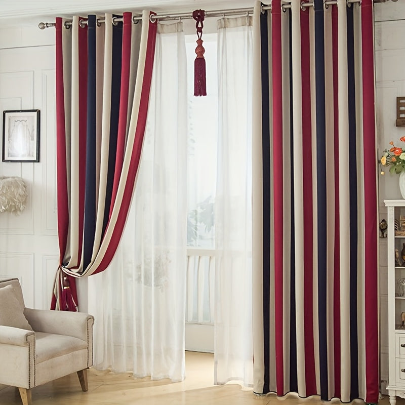 Rideau à rayures rouge bleu style méditerranéen en polyester (1 panneau)