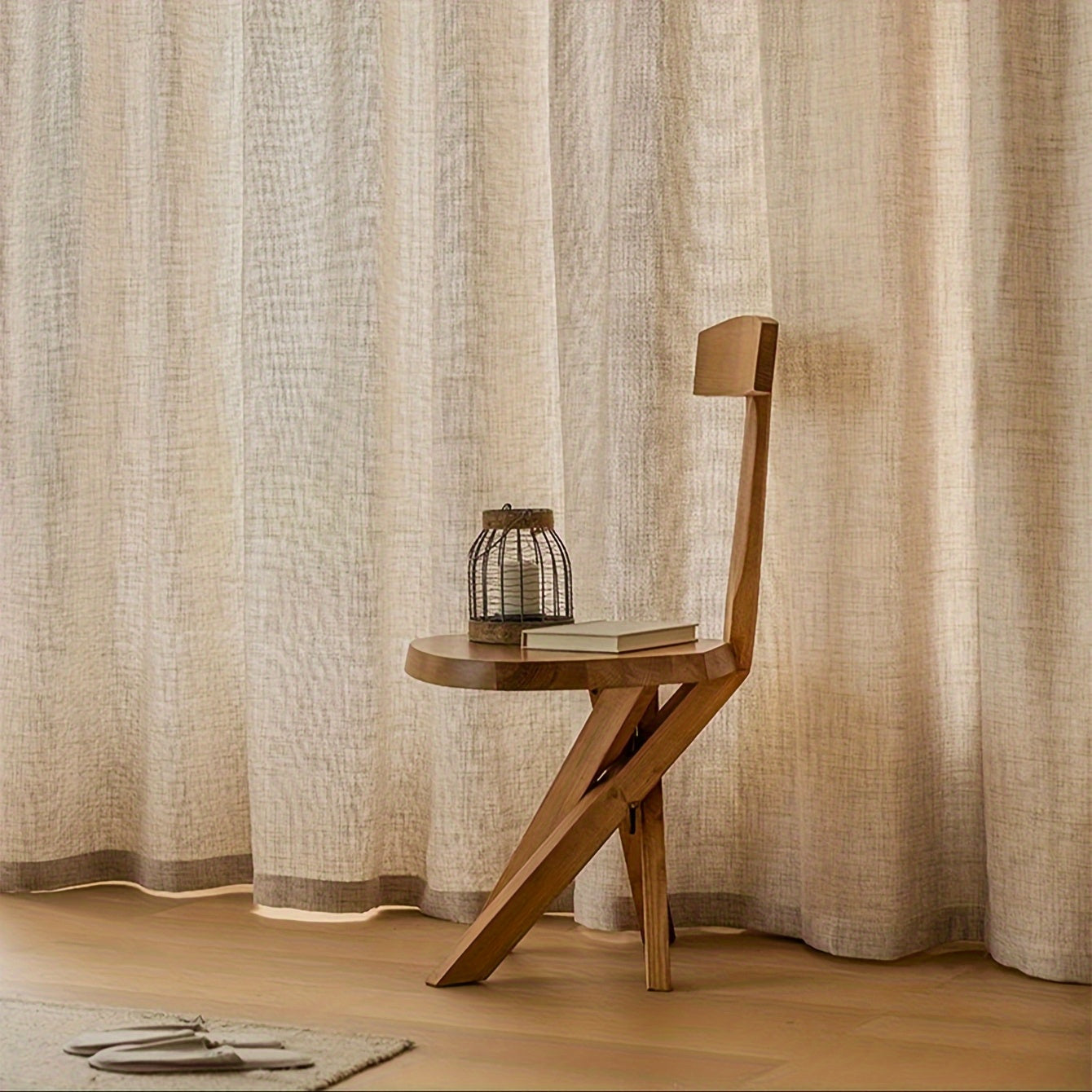 Rideau voilage lin mélangé beige à œillets style farmhouse (1 panneau)