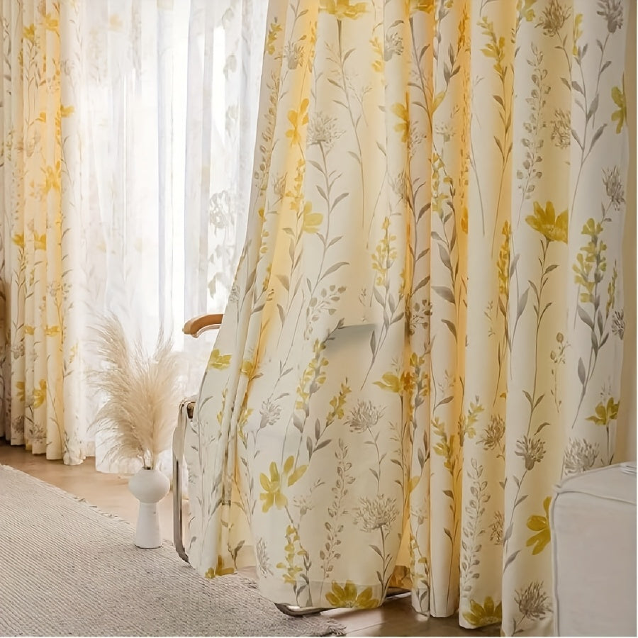Rideau tamisant fleuri jaune style classique pour salon et chambre