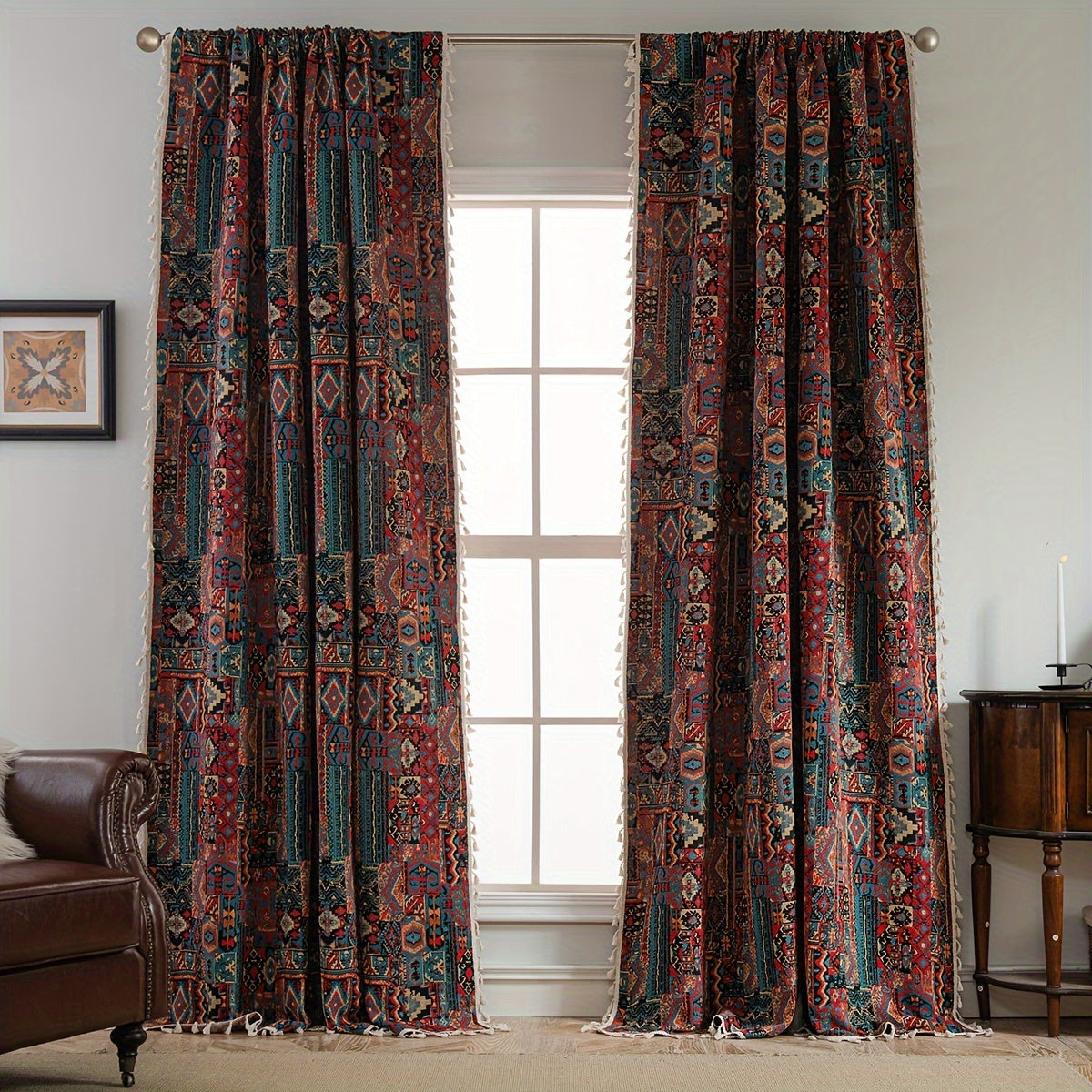 Rideau jacquard occultant vintage à motif géométrique en polyester