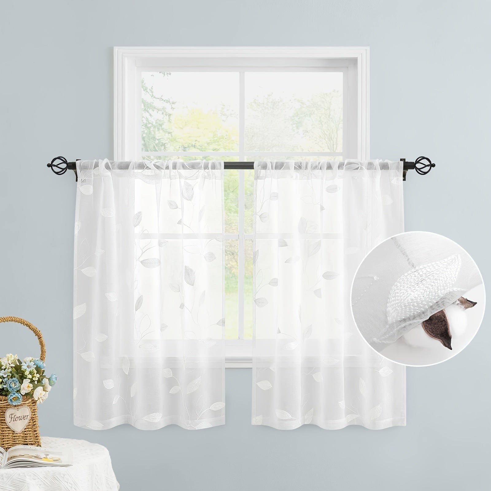 Rideaux voilage brodés motif feuilles style jardin pour salon et chambre (2 panneaux)