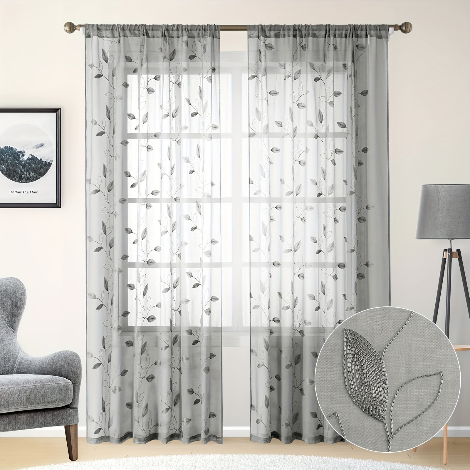 Rideaux voilage brodés motif feuilles style jardin pour salon et chambre (2 panneaux)