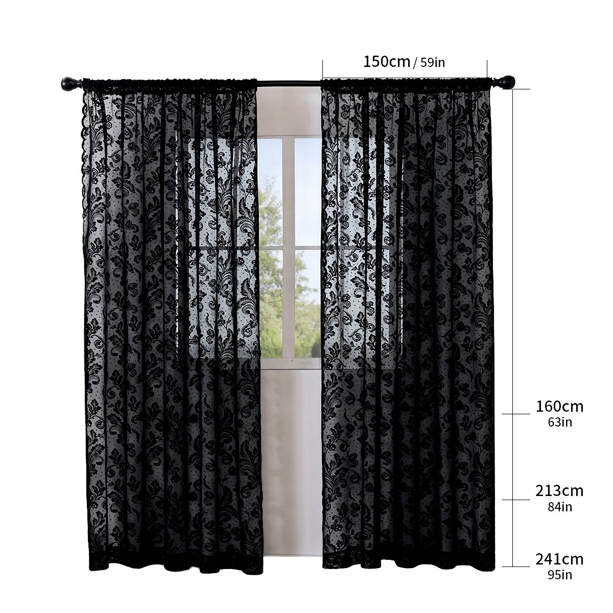 Rideaux voilages romantiques noirs – 2 panneaux à passe-tringle