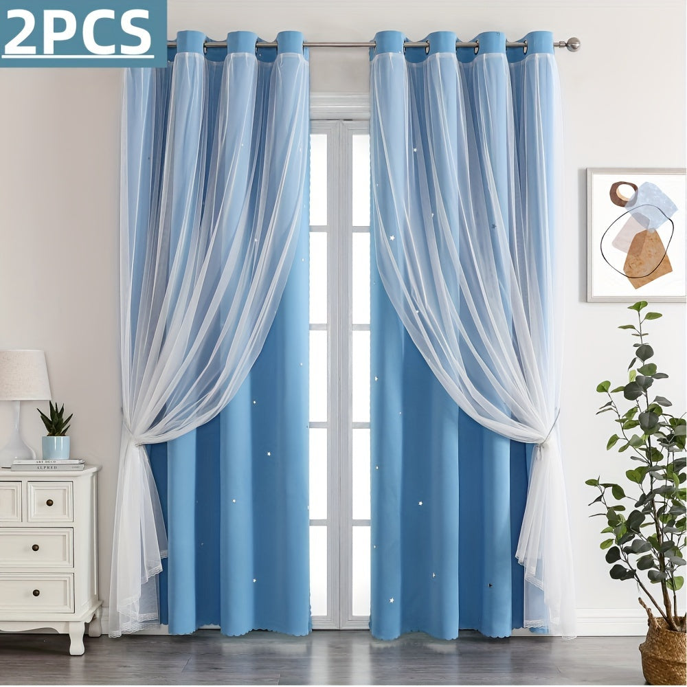 Rideaux occultants double couche avec voile étoilé en polyester pour chambre et salon