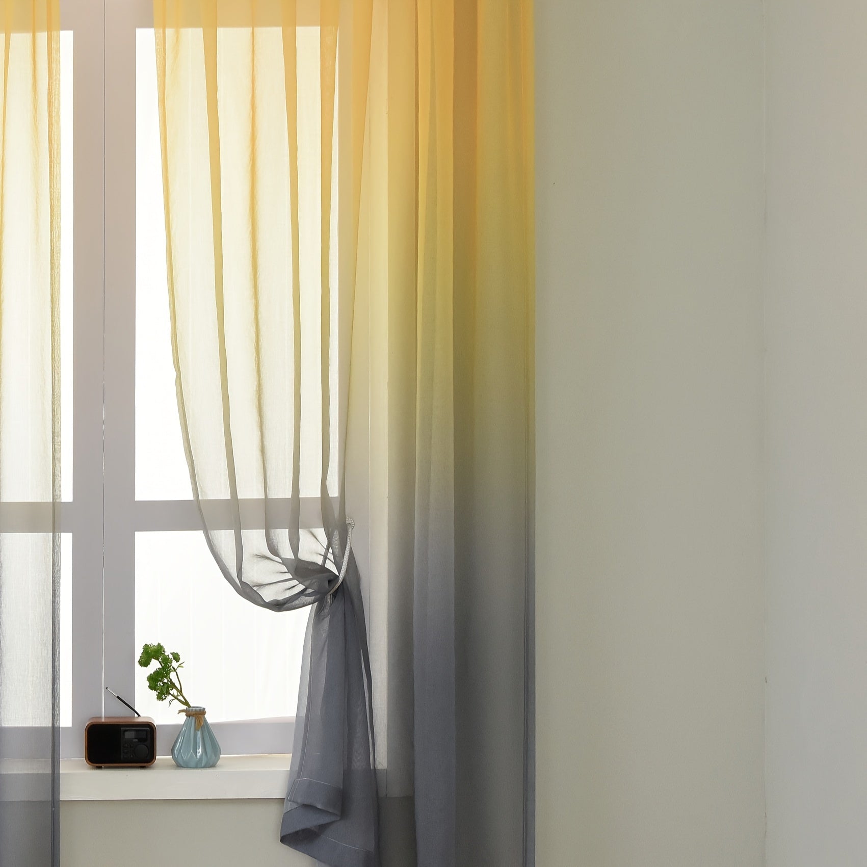 Rideau voilage dégradé jaune gris en tulle polyester pour fenêtre