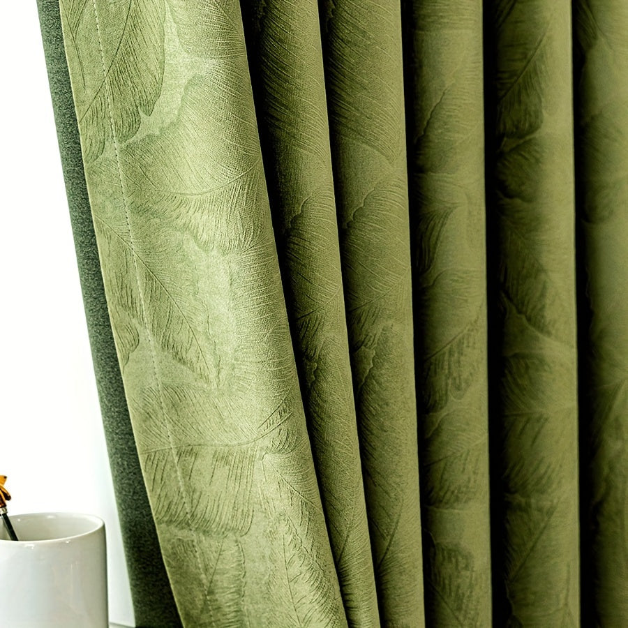 Rideaux occultants velours vert motif feuille pour salon (2 panneaux)
