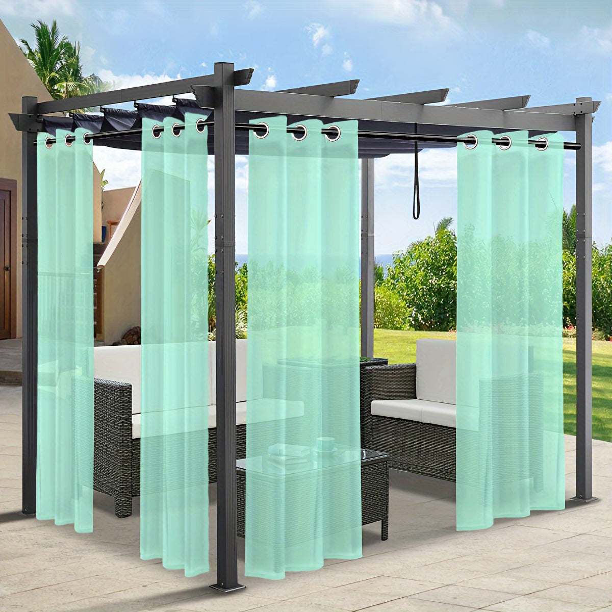 Rideaux voilage extérieur effet lin à œillets pour pergola (2 panneaux)