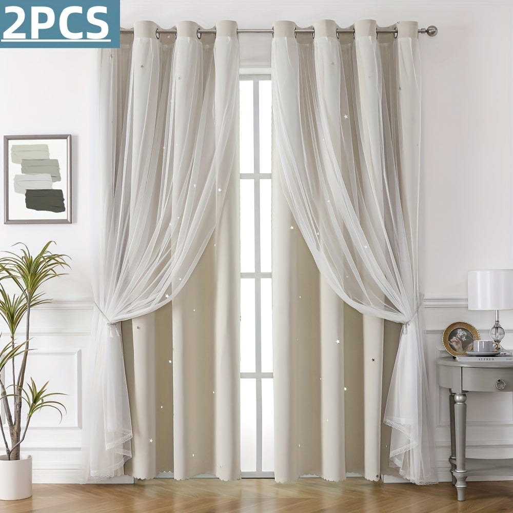 Rideaux occultants double couche avec voile étoilé en polyester pour chambre et salon