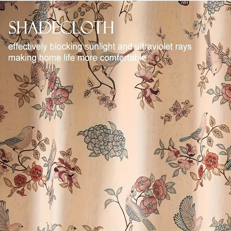 Rideau bohème floral oiseaux style vintage en tissu imitation lin