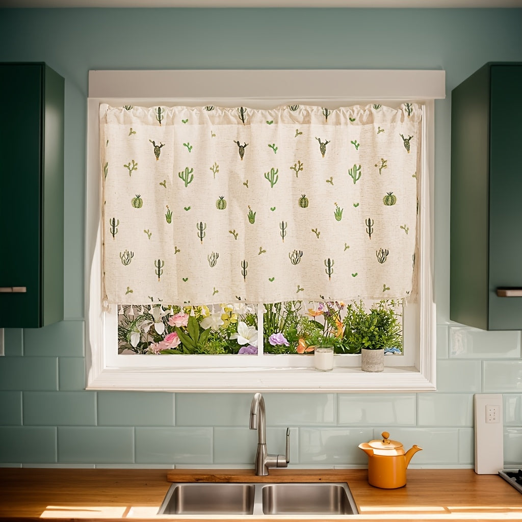 Rideau café brodé cactus en polyester style campagne pour petite fenêtre