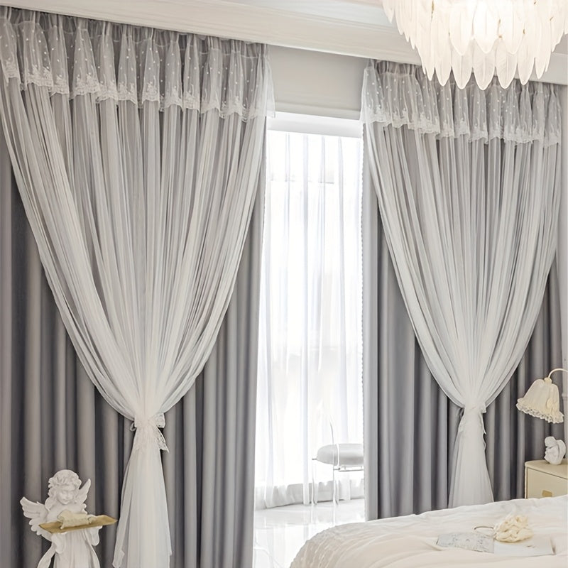 Rideaux occultants double couche avec voilage dentelle pour chambre (2 panneaux)
