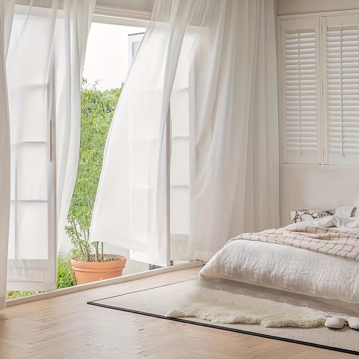 Rideaux voilage blanc semi-opaque à poche tringle pour fenêtre et porte-fenêtre (2 panneaux)