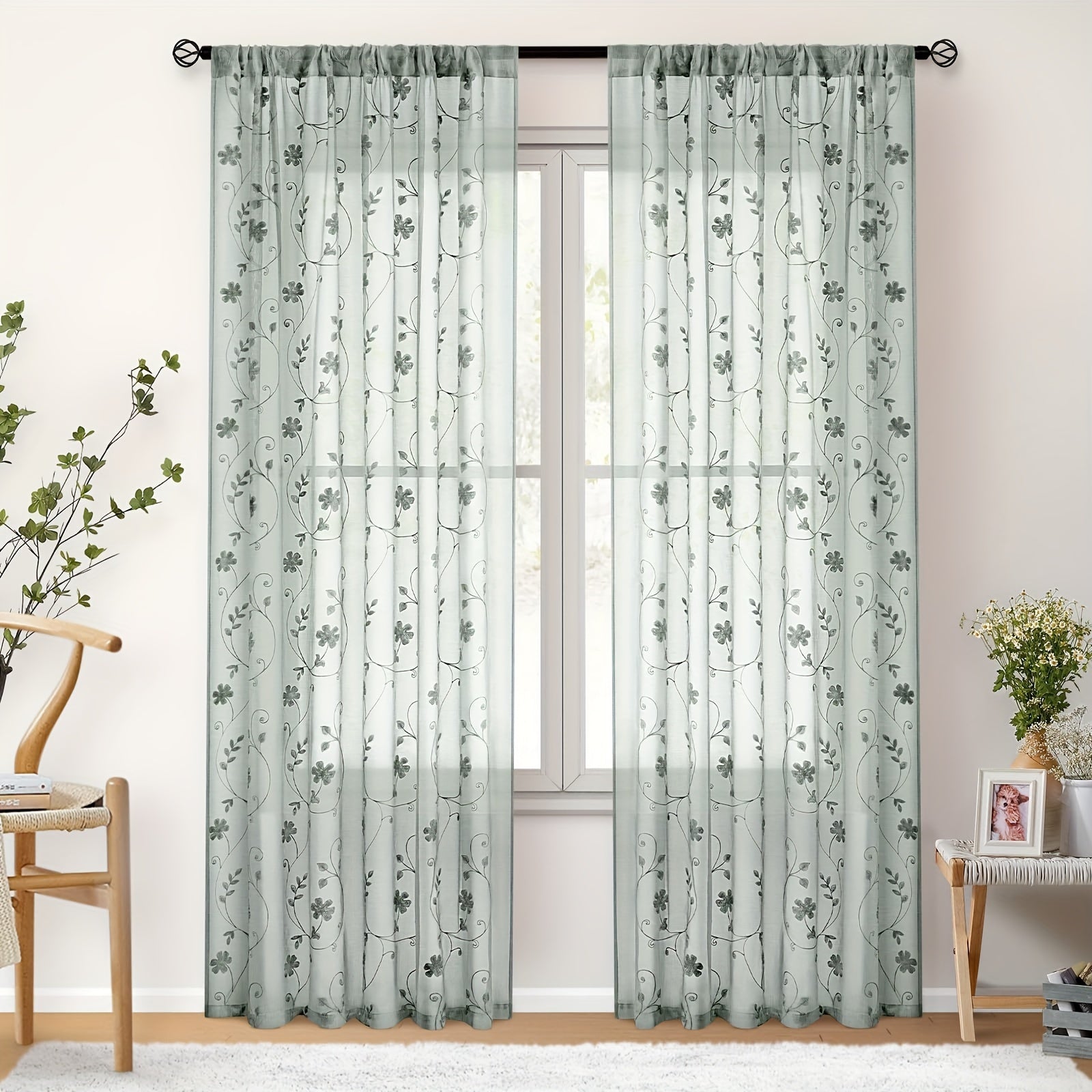 Rideaux voilage brodés fleurs semi-transparents pour salon et chambre (2 panneaux)
