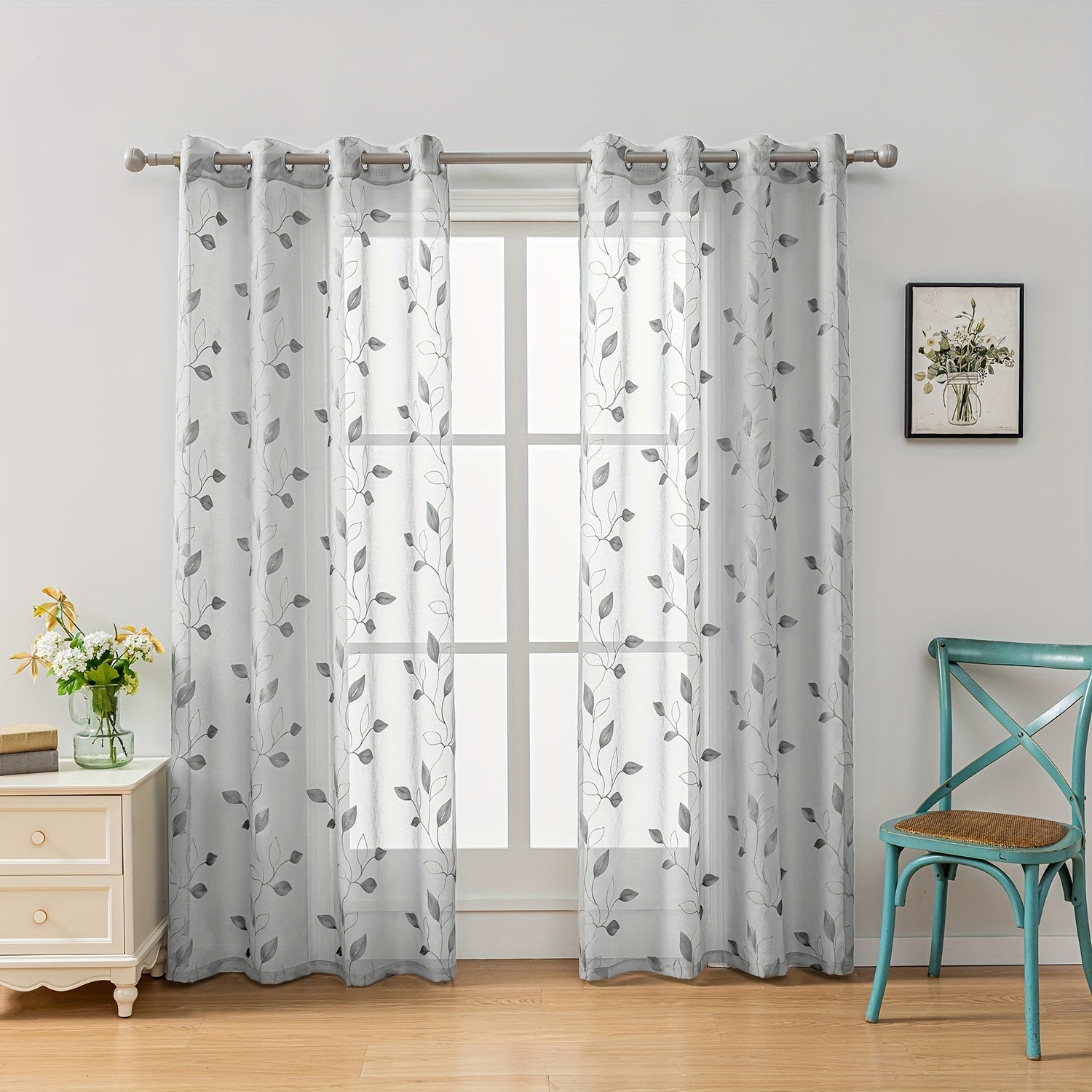 Rideaux voilage brodés motif feuilles avec œillets pour salon et chambre (2 panneaux)