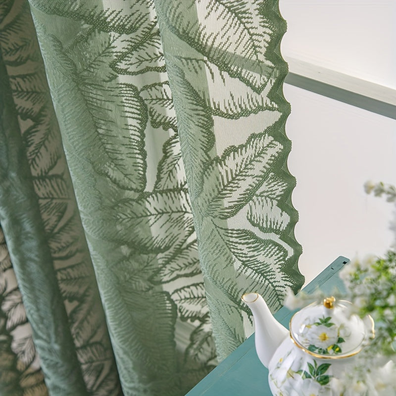 Rideau voilage vert à motifs feuilles ajouré avec œillets