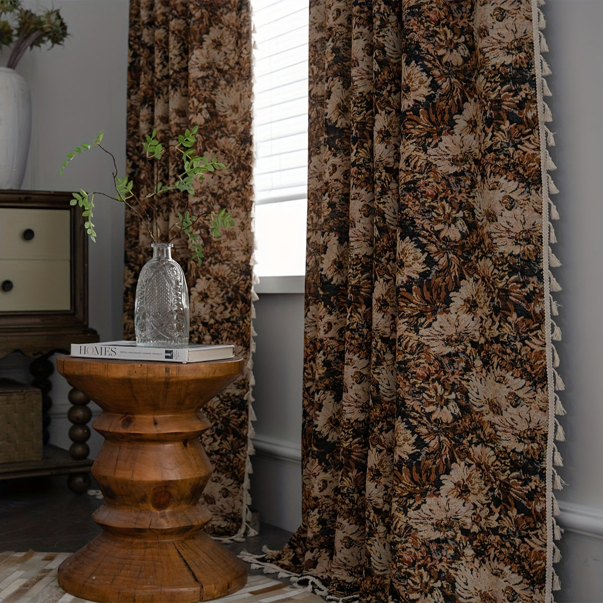 Rideau tamisant floral vintage marron en polyester pour cuisine