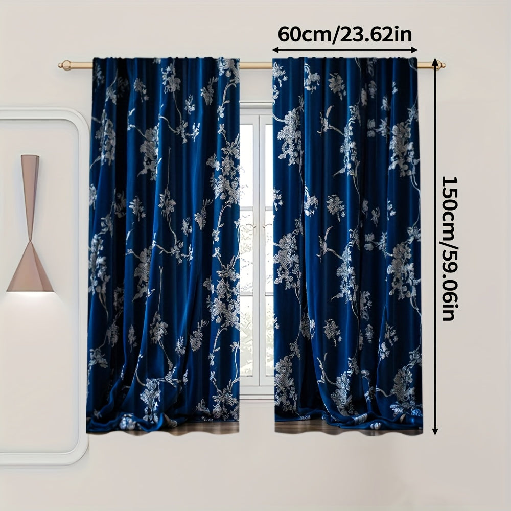 Rideaux tamisants bleu nuit à motifs floraux en polyester (2 panneaux)