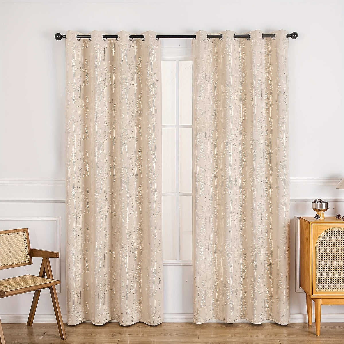 Rideau occultant à motifs branches dorées en polyester pour chambre