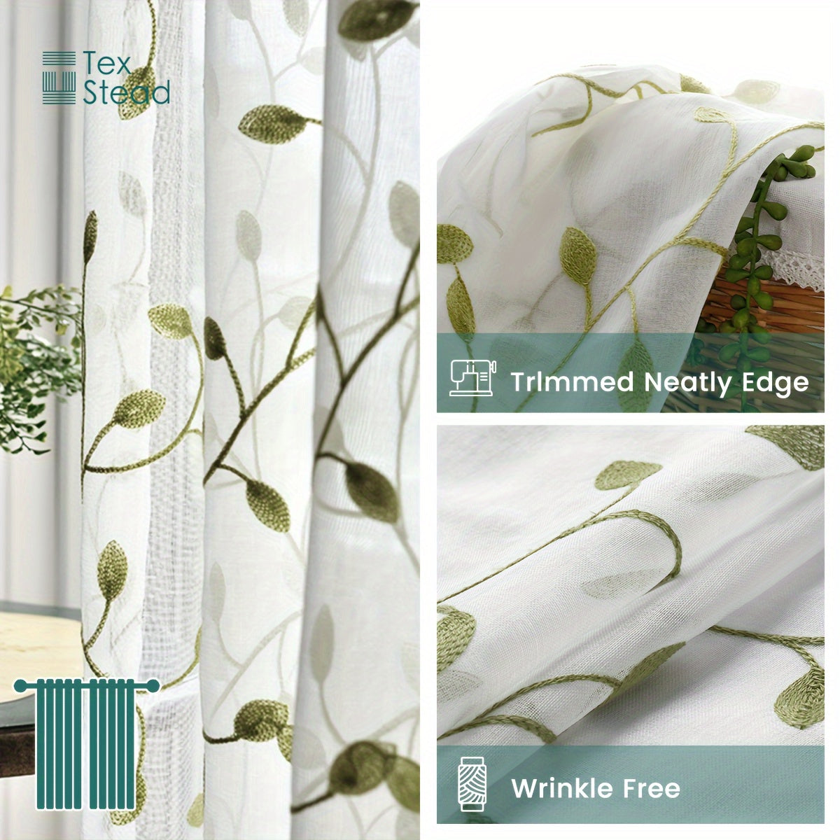 Rideau voilage brodé feuilles en polyester tamisant pour cuisine (1/2 panneaux)