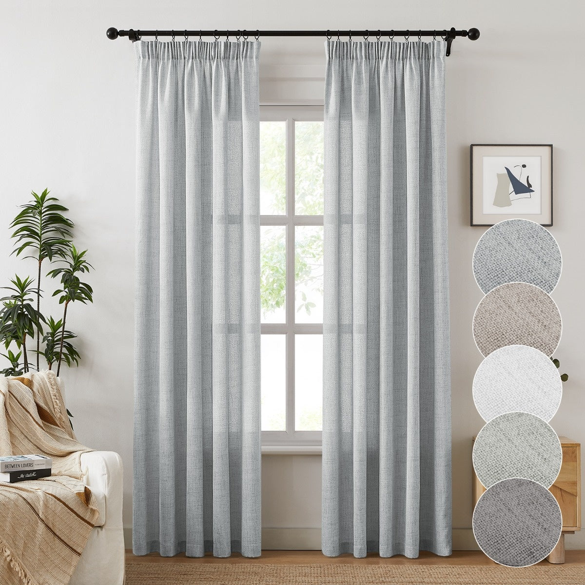 Rideaux semi-transparents effet lin texturé style farmhouse (2 panneaux)