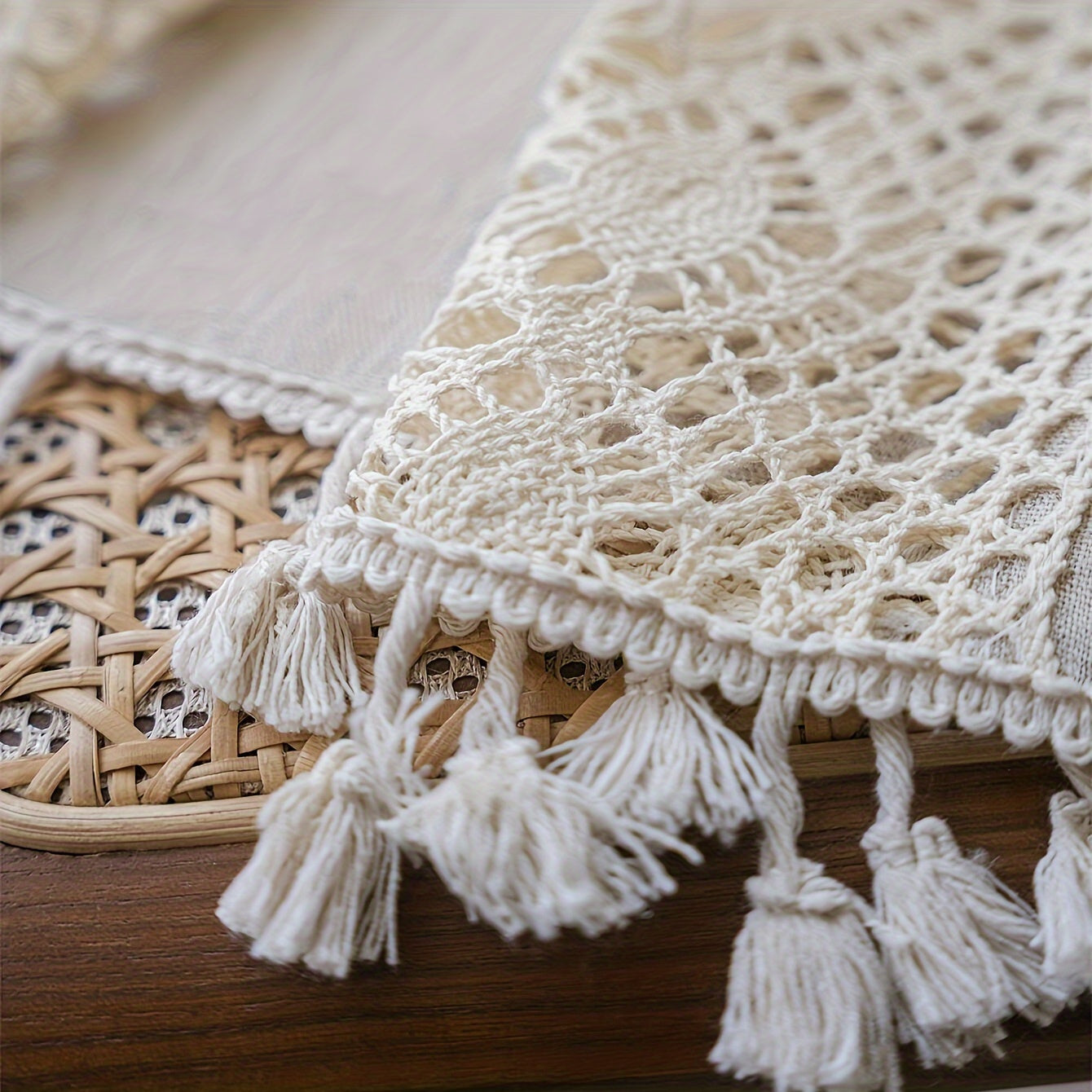 Rideau voilage bohème beige en lin jacquard ajouré à pampilles