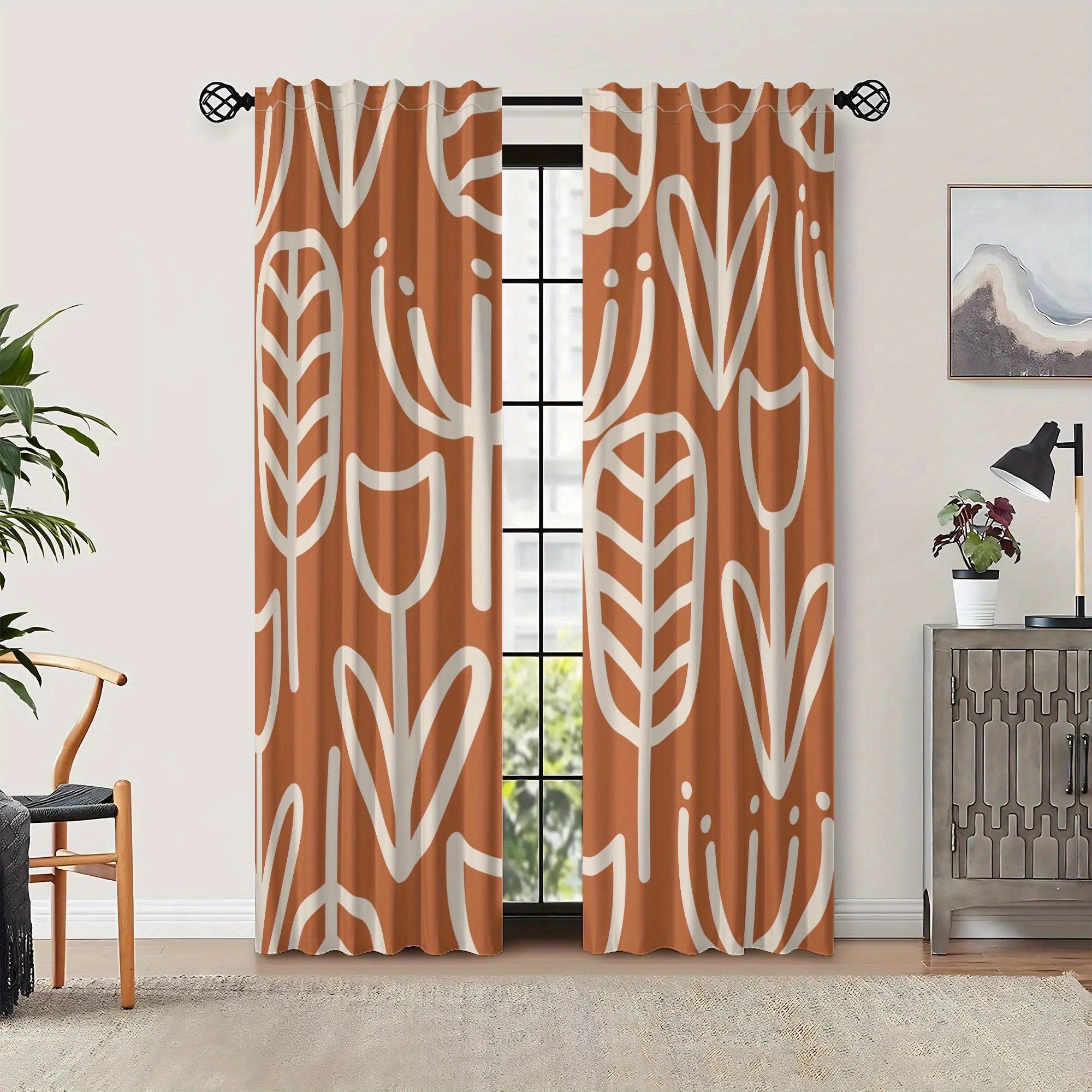 Rideaux occultants terracotta et beige motif botanique en polyester (2 panneaux)
