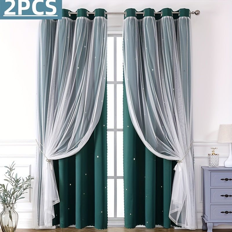 Rideaux occultants double couche avec voile étoilé en polyester pour chambre et salon