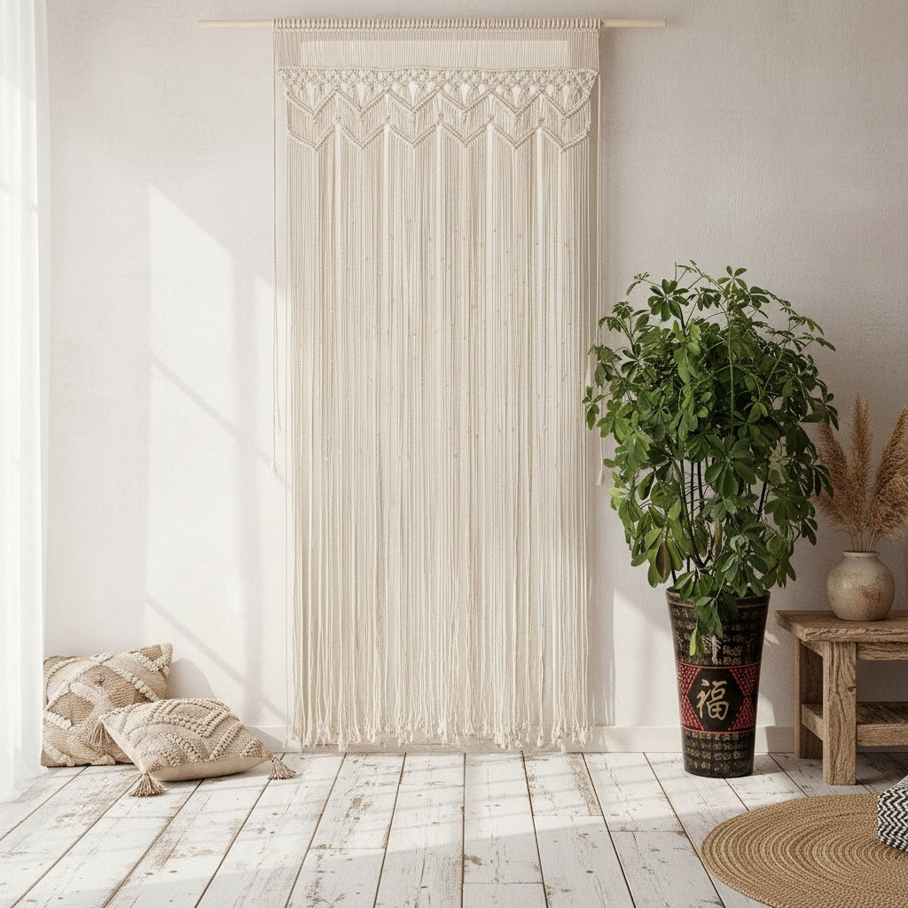 Rideau macramé bohème ajouré en fibres naturelles style ranch