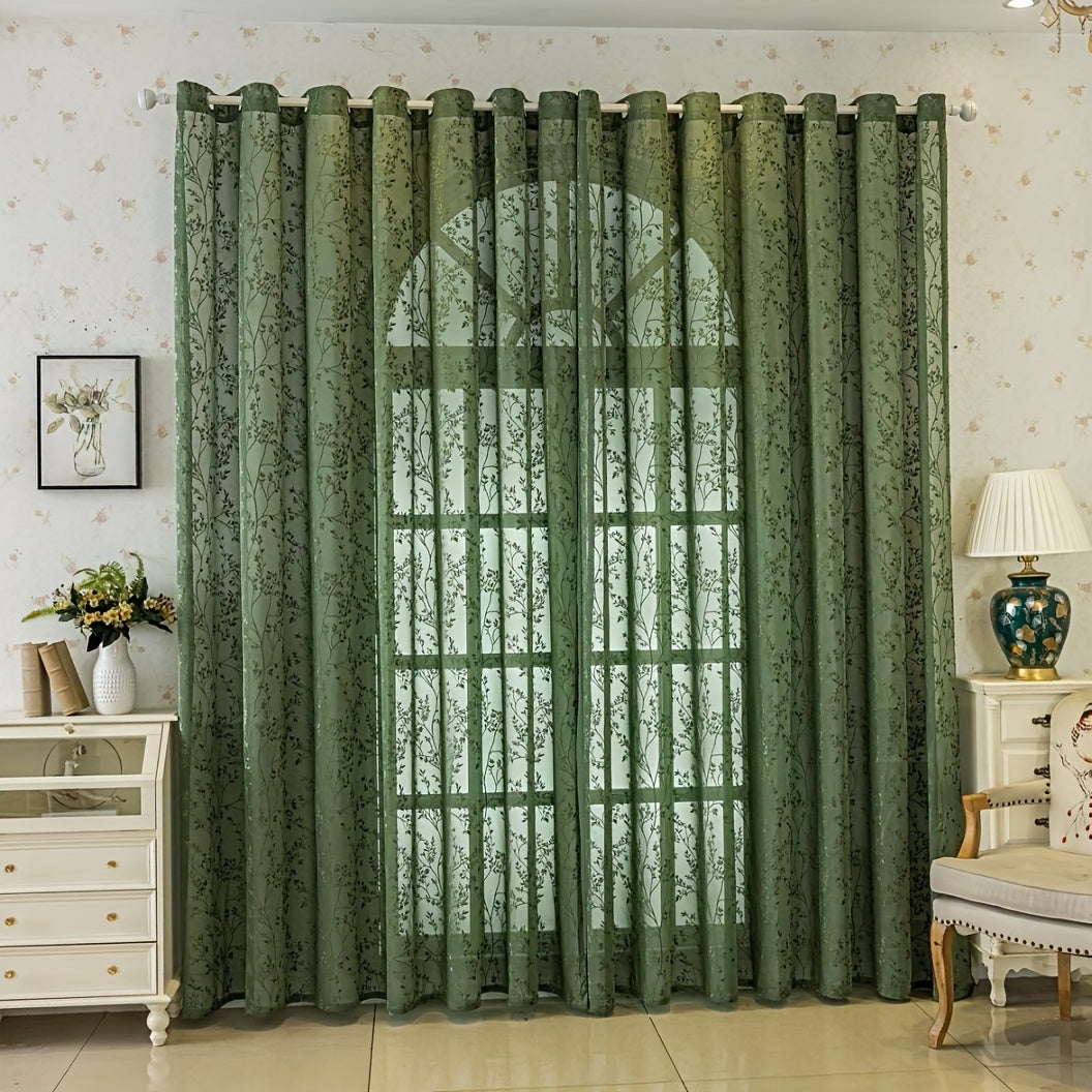 Rideau voilage vert brodé feuillage à œillets pour salon et chambre
