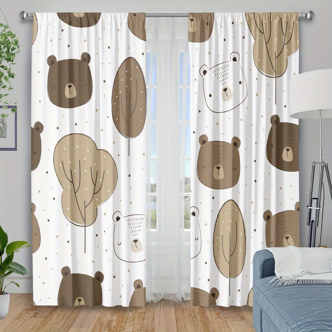 Rideau occultant enfant imprimé ours beige en polyester (2 panneaux)