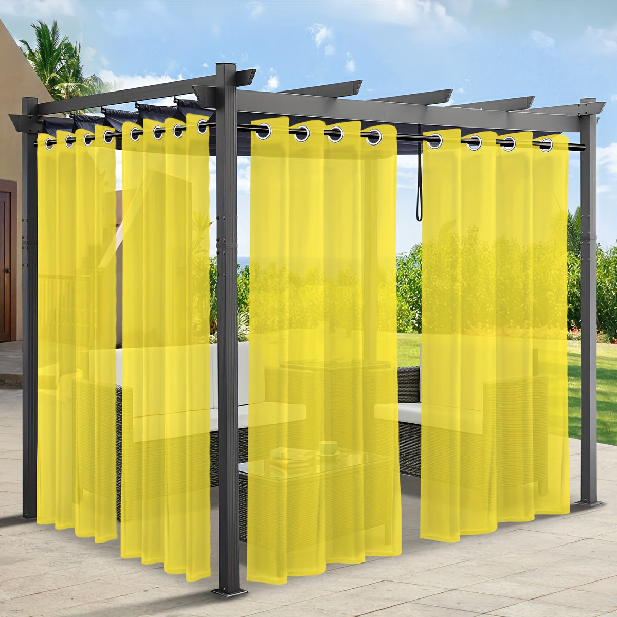 Rideaux voilage extérieur effet lin à œillets pour pergola (2 panneaux)