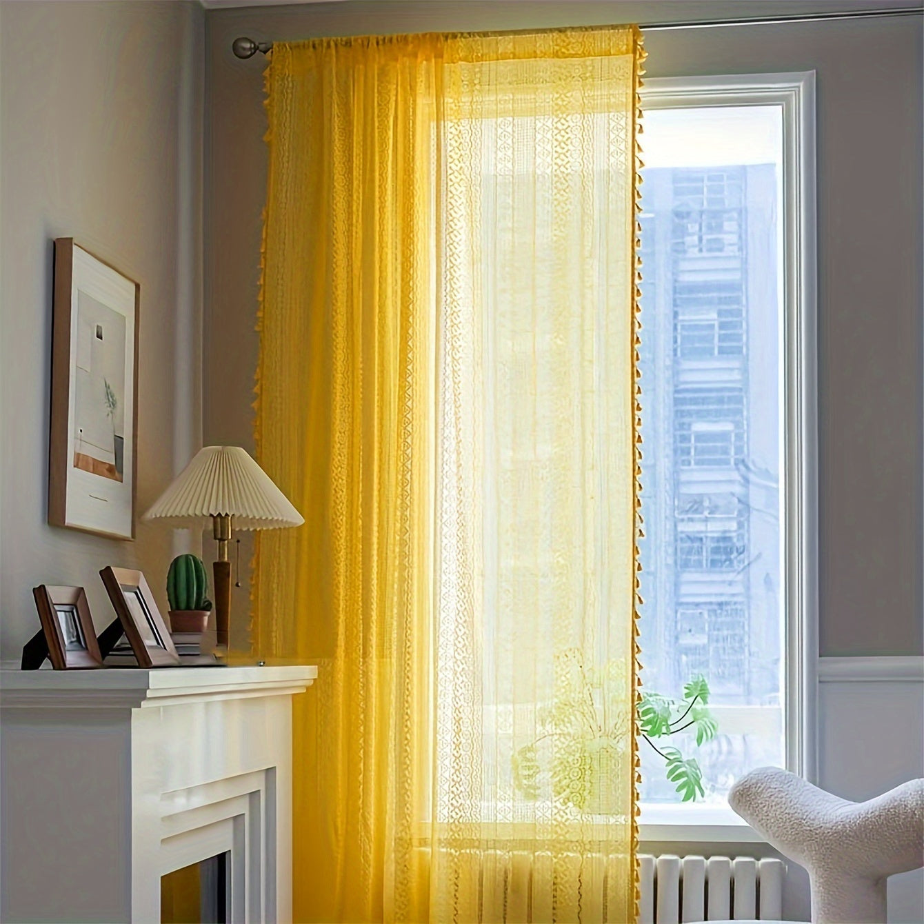 Rideau tamisant jaune en coton et nylon style bohème pour salon