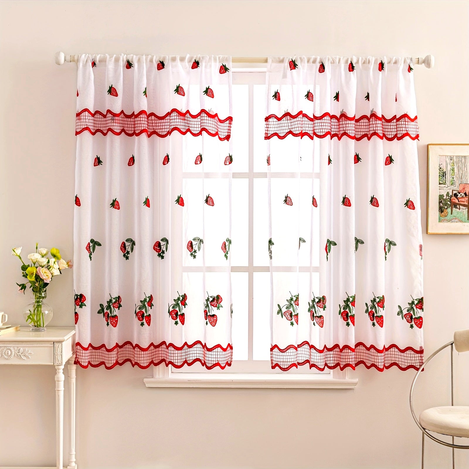 Rideaux courts brodés fraises style bohème pour cuisine (2 panneaux)